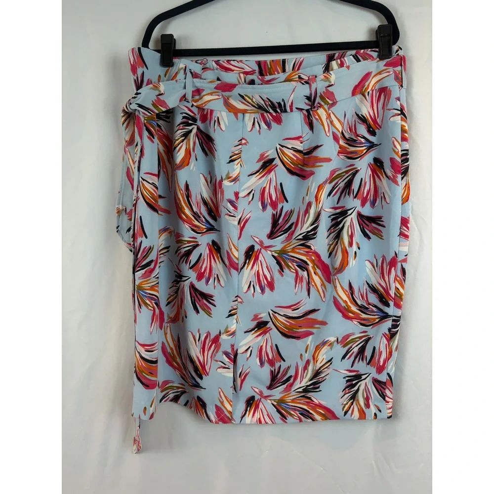 Floral Print Pencil Skirt Light Blue Pink High Waist Tie Belt Mid-Length Size 22